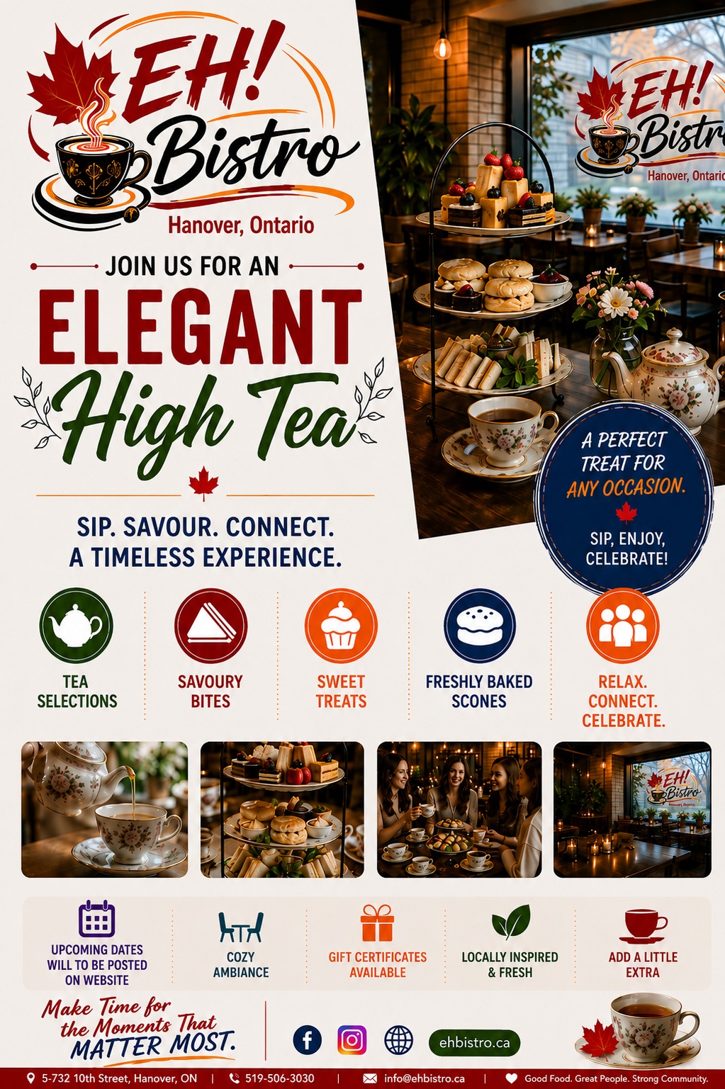 EH! Bistro Elegant High Tea promotional poster featuring tea, savoury bites, sweet treats, freshly baked scones, and a tiered tea service